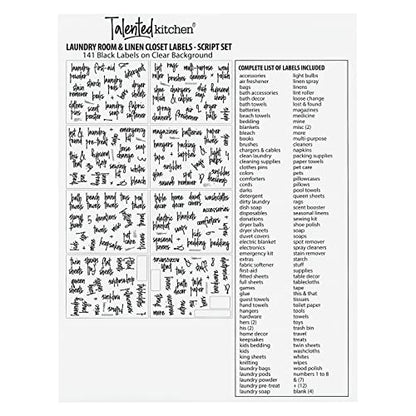  141 Laundry Room Labels For Jars And Containers, Preprinted Black Script Stickers For Linen Closet, Bathroom Organization, Cleaning Supplies (Water Resistant)