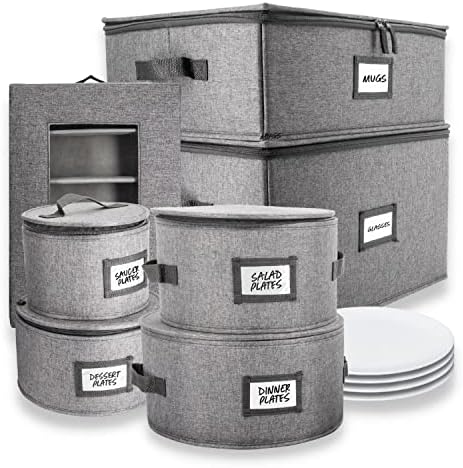  China Storage Containers | 8 Pc. ULTRA THICK HARDSHELL ALL SURFACES & COVER | China Storage Box With Handles | Stackable Storage For Plates, Platters, Mugs, Wine Glass & Flatwares