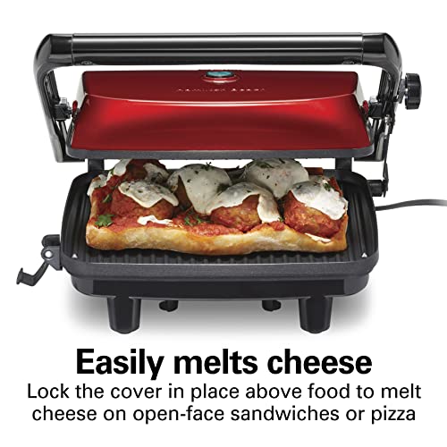 Hamilton Beach Electric Panini Press Grill With Locking Lid, Opens 180 Degrees For Any Sandwich Thickness, Nonstick 8" X 10" Grids, Red (25462Z)
