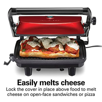 Hamilton Beach Electric Panini Press Grill With Locking Lid, Opens 180 Degrees For Any Sandwich Thickness, Nonstick 8" X 10" Grids, Red (25462Z)