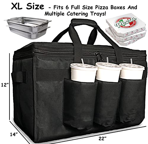  Insulated Food Delivery Bag With Cup Holders/Drink Carriers Premium XXL, Great For Beverages, Grocery, Pizza, Commercial Quality Hot And Cold (XL Pro)
