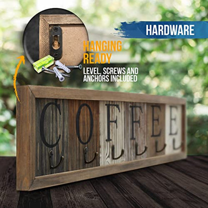  Ffee Mug Holder With Printed Solid Wood Coffee Sign, 6 Coffee Cup Hooks With Wooden Coffee Mug Display And Organizer - Distressed Coffee Rack Sign, 31.5" Wide