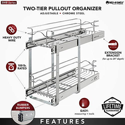  Rev-A-Shelf 5WB2-0922CR-1 9 X 22 Inch 2-Tier Wire Pull Out Storage Shelf Drawer Basket W/100lb Capacity For Kitchen Base Cabinet Organization, Chrome