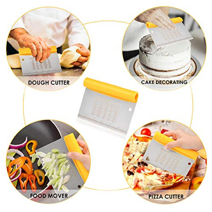  Bench Scraper For Baking, Stainless Steel Dough Scraper/Cutter/Chopper And Flexible Plastic Bowl Scraper Set - Pastry, Pizza Cutter, Baking Tools With Measurement, 2 In 1 Kitchen Scraper