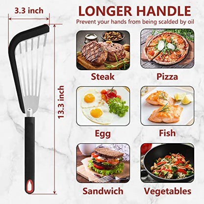  Fish Spatula, Stainless Steel Slotted Fish Turner, Silicone Fish Spatula With Basting Brush, 13 Inch, Heat Resistant, Flexible, Metal Spatula For Nonstick Cookware, BLACK