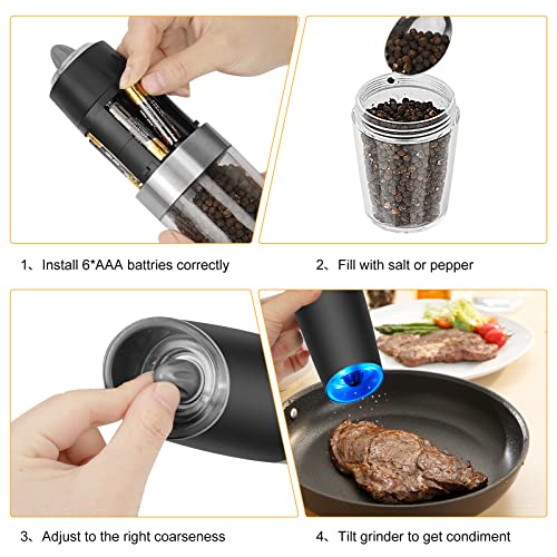  Electric Salt And Pepper Grinder Set, Automatic Gravity Salt And Pepper Mill With Adjustable Coarseness, Salt And Pepper Shakers Battery Powered With LED Light, One Hand Operation