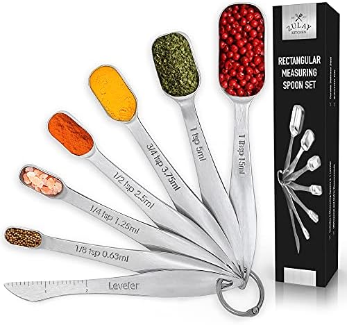  Measuring Spoons Set - 6 Piece Stainless Steel Measuring Spoons - Easy To Read, Etched Markings & Slim Design For Narrow Spice Jars - Heavy Duty Tablespoon Measure Spoon With Removable Clasp