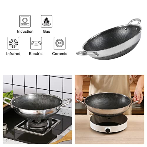  12.5” Wok Pan With Dual Honeycomb Wok Stainless Steel Wok Pan With Nonstick Coating, Frying Pans Cookware, Two Handles,Works With Induction ,Gas, Electric, Ceramic Furnace Stove, Without Lid