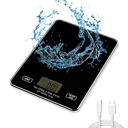  Kitchen Scale Digital Food Scale 10kg/22lb-USB Charging With Waterproof Tempered Glass Platform,for Weight Loss Cooking And Coffee With LCD Display High Accuracy (Black)