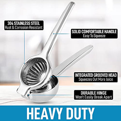  Lemon Squeezer Stainless Steel With Premium Heavy Duty Solid Metal Squeezer Bowl And Food Grade Silicone Handles - Large Manual Citrus Press Juicer And Lime Squeezer Stainless Steel