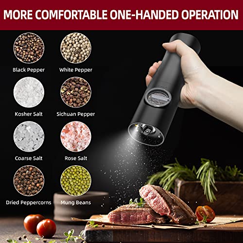  Electric Salt And Pepper Grinder Set Rechargeable Automatic Black Salt & Pepper Mill 2 Pcs With Charging Base, Type-C USB Cables, LED Lights, Adjustable Coarseness, One Hand Operation