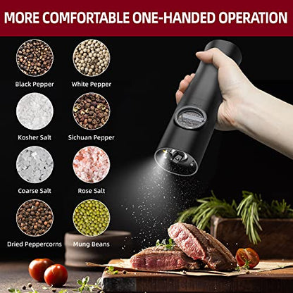  Electric Salt And Pepper Grinder Set Rechargeable Automatic Black Salt & Pepper Mill 2 Pcs With Charging Base, Type-C USB Cables, LED Lights, Adjustable Coarseness, One Hand Operation