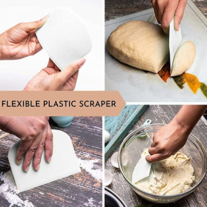  The Original Danish Dough Whisk - 304 Stainless Steel Ring Nonstick Dutch Whisk For Dough - Long Wooden Danish Dough Whisker Bread Mixer Handle Bundle With Flexible Plastic Scraper Cutter