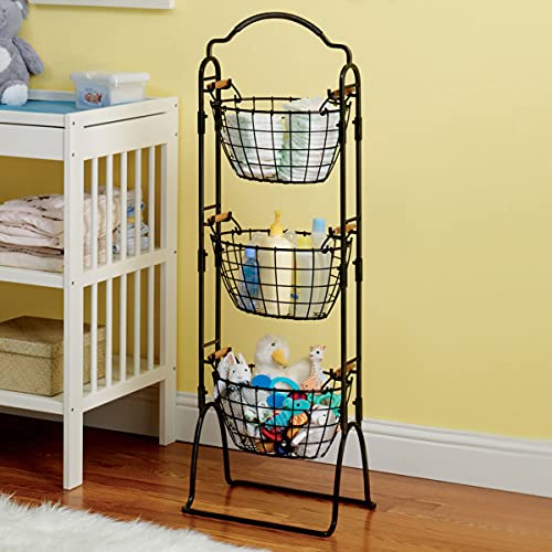  5184916 Harbor Adjustable 3-Tier Metal Floor Standing Fruit/Home Storage Basket, Antique Black