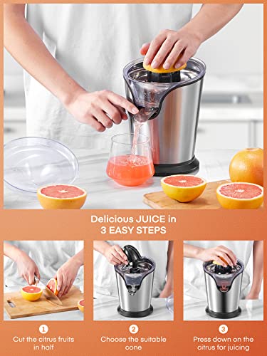  Orange Juice Squeezer Electric Citrus Juicer With Two Interchangeable Cones Suitable For Orange, Lemon And Grapefruit, Brushed Stainless Steel