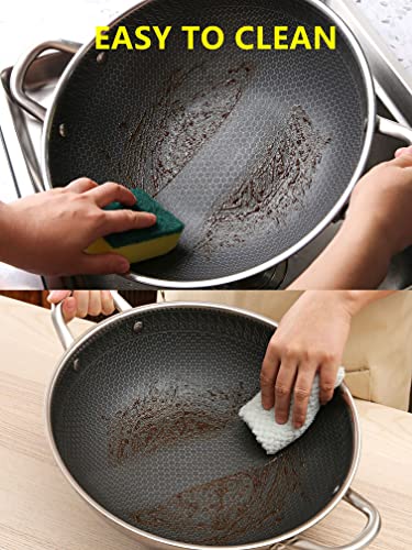  12.5” Wok Pan With Dual Honeycomb Wok Stainless Steel Wok Pan With Nonstick Coating, Frying Pans Cookware, Two Handles,Works With Induction ,Gas, Electric, Ceramic Furnace Stove, Without Lid