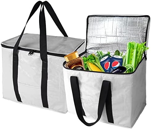  BeeGreen 2 Packs Black Insulated Grocery Bags Collapsible Shopping Cooler Thermal Tote With Zipper For Hot Cold Frozen Food Transport X-Large 60LBS Reusable Durable Long Handles Stands Upright