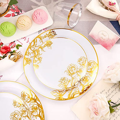  210PCS Gold Plastic Plates, Gold Disposable Dinnerware Set Includes 60 Gold & White Plates With Floral Design,30 Gold Plastic Silverware,30 Per Rolled Napkins,30 Gold Rim Cups For Mother's Day