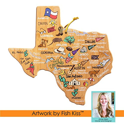  Exas State Shaped Cutting Board And Charcuterie Serving Platter With Artwork By Fish Kiss, Includes Hang Tie For Wall Display