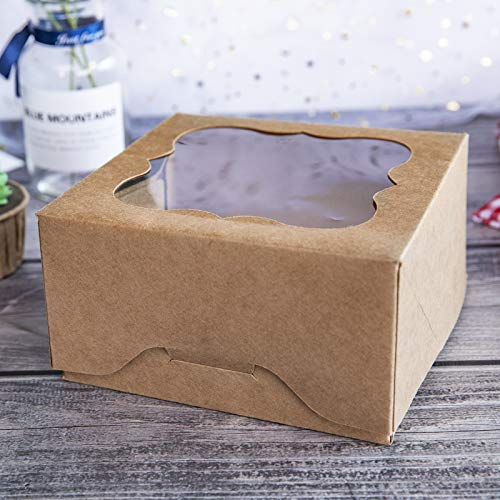  6"x6"x3"Brown Bakery Boxes With Pvc Window For Pie And Cookies Boxes Small Natural Craft Paper Box 6x6x3inch,Pack Of 15