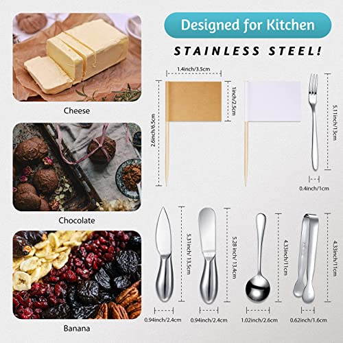  Charcuterie Board Accessories Cheese Spreader Knife Set Cheese Butter Knife Stainless Steel Mini Serving Tongs Spoons Appetizer Forks For Pastry Christmas (Silver, 20 Pieces)