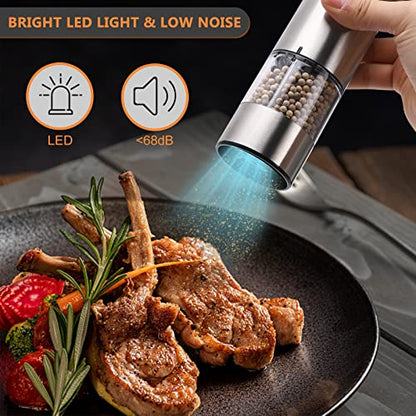  Electric Salt And Pepper Grinder Set Battery Operated| Stainless Steel Auto Pepper Mill Grinder Refillable| One Hand Operation| LED Light| Adjustable Coarseness| 2 Pack