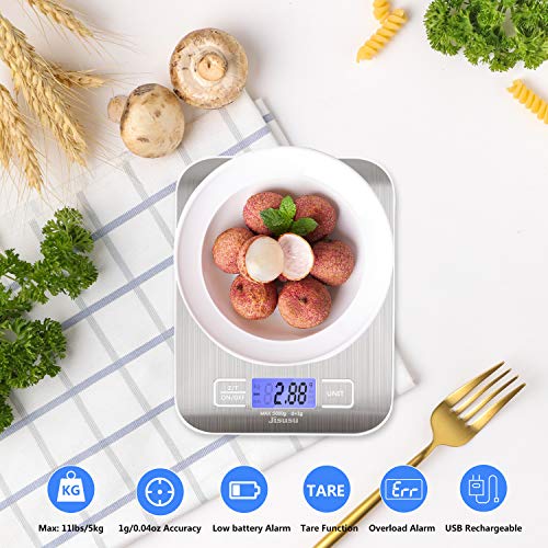  Digital Kitchen Scale Food Scale,USB Kitchen Scale,Food Scale 0.04oz/1g Increment,11 Lb/5 Kg,Backlit LCD Display Function(Batteries Included AAAX2) Silver