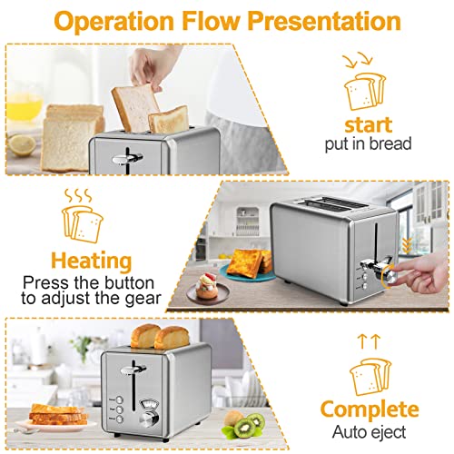  WHALL Toaster 2 Slice Stainless Steel Toasters With Bagel, Cancel, Defrost Function, 1.5in Wide Slot, 6 Shade Settings, Removable Crumb Tray, High Lift Lever, For Various Bread Types (850W)