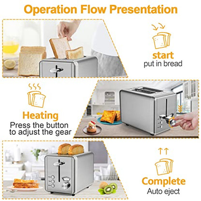  WHALL Toaster 2 Slice Stainless Steel Toasters With Bagel, Cancel, Defrost Function, 1.5in Wide Slot, 6 Shade Settings, Removable Crumb Tray, High Lift Lever, For Various Bread Types (850W)