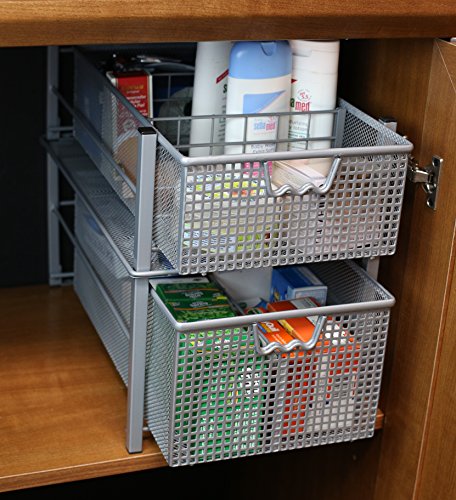  Mesh Cabinet Basket Organizer With Split Card, Silver (Large - 10 X 15.8 X 7.5)