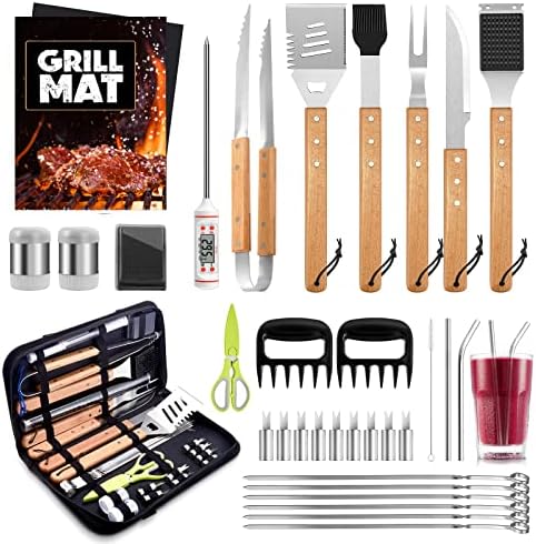  Grill BBQ Accessories 34Pcs, Stainless Steel Grill Tools Set With Oxford Case, Great Gift For Men Women Backyard Barbecue Outdoor Camping, Include Spatula, Tong, Fork, Brush, Meat Claw, Straw