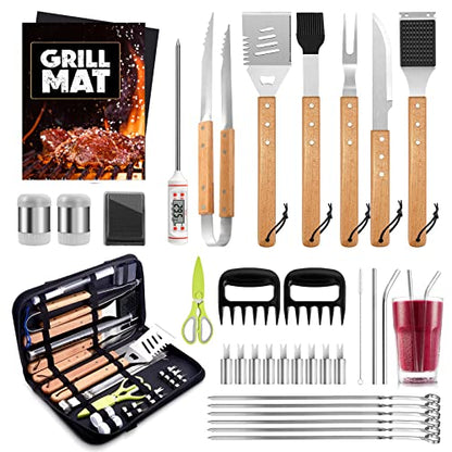  Grill BBQ Accessories 34Pcs, Stainless Steel Grill Tools Set With Oxford Case, Great Gift For Men Women Backyard Barbecue Outdoor Camping, Include Spatula, Tong, Fork, Brush, Meat Claw, Straw