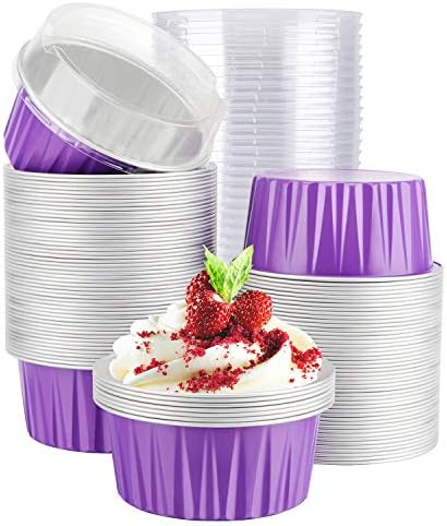  Disposable Ramekins, Gold 50pcs 5oz Mini Aluminium Foil Baking Cups With Lids Creme Brulee Cupcake Liners, Desert Cheesecake Pans Flan Molds Tin Cups Containers For Party Favor Birthday