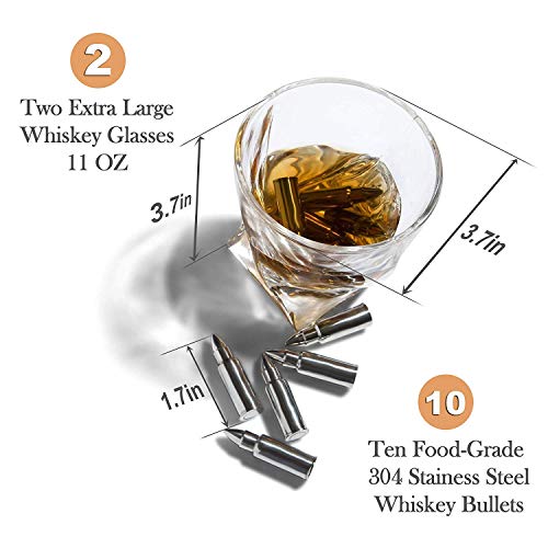 Whiskey Bullet Shaped Stones Gift Set For Men - 10 Bullets Chilling Stainless-Steel Whiskey Rocks - 11oz 2 Large Twisted Whiskey Glasses, Slate Coasters, Tongs - Premium Set In Pine Wood Box