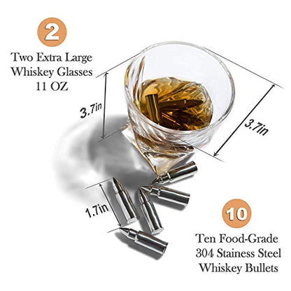  Whiskey Bullet Shaped Stones Gift Set For Men - 10 Bullets Chilling Stainless-Steel Whiskey Rocks - 11oz 2 Large Twisted Whiskey Glasses, Slate Coasters, Tongs - Premium Set In Pine Wood Box