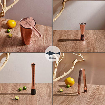  KY FISH Bartender Kit Cocktail Shaker Set-6 Pieces Stainless Steel Copper Plated Etching Bar Tools With Boston Shaker Tins,Mixing Spoon,Mojito Muddler,Jigger,Hawthorne Strainer ,Ice Tongs