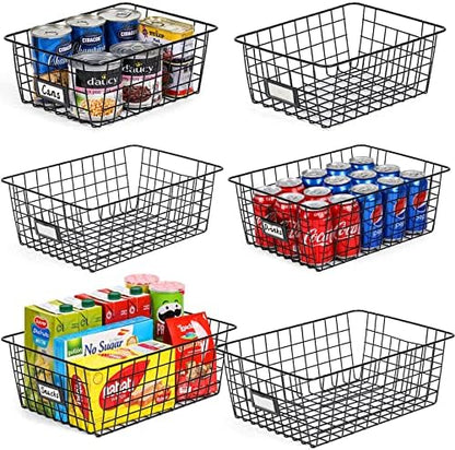  6 Pack [ Extra Large ] Wire Storage Baskets For Organizing With Lables, Pantry Organization Bins For Cabinets - Metal Basket For Kitchen, Laundry, Garage, Fridge, Bathroom Countertop Organizer, Black