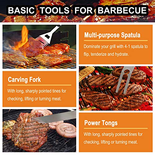  Grilljoy 24PCS BBQ Grill Tools Set With Meat Thermometer And Injector - Extra Thick Stainless Steel Fork, Spatula& Tongs - Complete BBQ Accessories In Aluminum Case - Perfect Grill Gifts For Men