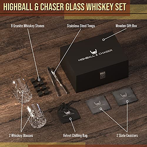  Whiskey Stones Gift Set For Men, Guys, Husband, Fathers Set Of 2 10oz Whiskey Rocks Glasses, 8 Granite Chilling Rocks, 2 Slate Coasters, Stylish Durable Black Wooden Gift Box (Sword Glass)