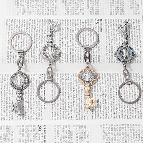 4Pcs Saint Benedict Medal Keychain, St Benedict Medals Key Chain, Saint Benedict Jubilee Medal, Cross Protection Key Shaped Keychain, Exorcism Medal Christian Sacramental Medal Keyring