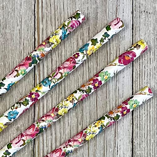  Rose Floral Paper Straws - Wedding Bridal Shower Birthday Valentine Party - Pink Yellow White - 7.75 Inches - 50 Pack - Outside The Box Papers Brand