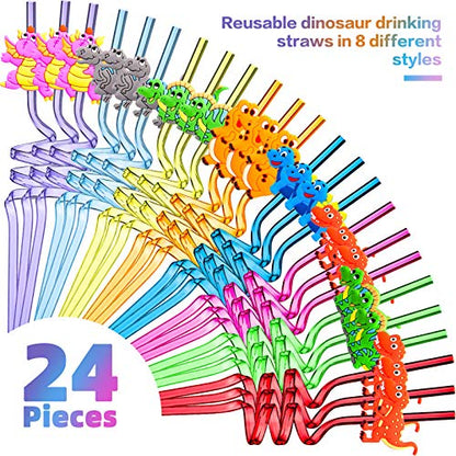  24 Pieces Reusable Dinosaur Straws Plastic Dinosaur Straws For Kids Safari Jungle Dinosaur Theme Straws For Dinosaur Party Decoration Supplies Birthday Party Favors, 8 Styles