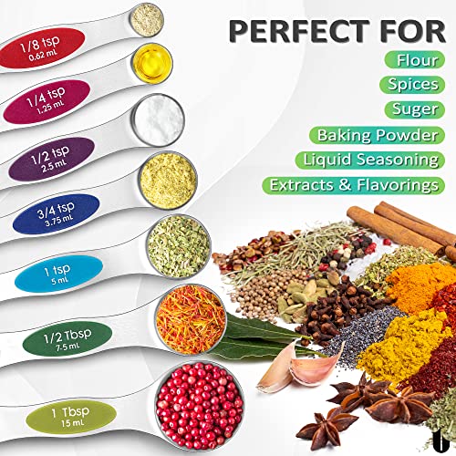 Magnetic Measuring Spoons Set Stainless Steel, Dual Sided For Liquid Dry Food, Measuring Cups Spoons Set Fits In Spice Jar, Kitchen Gadgets, Cooking Utensils Set, Including Leveler, 8Color