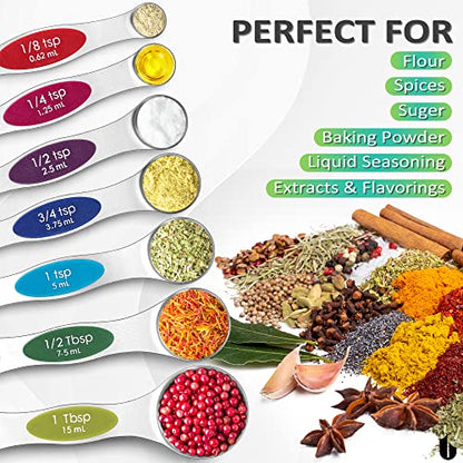  Magnetic Measuring Spoons Set Stainless Steel, Dual Sided For Liquid Dry Food, Measuring Cups Spoons Set Fits In Spice Jar, Kitchen Gadgets, Cooking Utensils Set, Including Leveler, 8Color