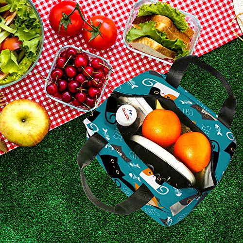  Lunch Bag, Cute Kids Reusable Cooler Lunch Tote Bag Insulated Leakproof Lunch Box Container With Front Pocket For Girls Boys School Work Picnic (Teal Cat)