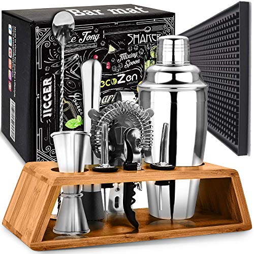  Cocktail Shaker Set Bartender Kit With Stand And Bar Mat | Essential Bar Accessories And Barware For The Home Bar Kit I Mixology Bartending Kit And Drink Mixing Tools