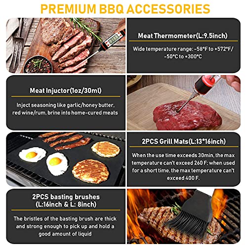  34Pcs Grill Accessories Grilling Gifts For Men, 16 Inches Heavy Duty BBQ Accessories, Stainless Steel Grill Tools With Thermometer, Grill Mats For Backyard, BBQ Gifts Set For Men Women