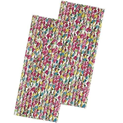  Rose Floral Paper Straws - Wedding Bridal Shower Birthday Valentine Party - Pink Yellow White - 7.75 Inches - 50 Pack - Outside The Box Papers Brand