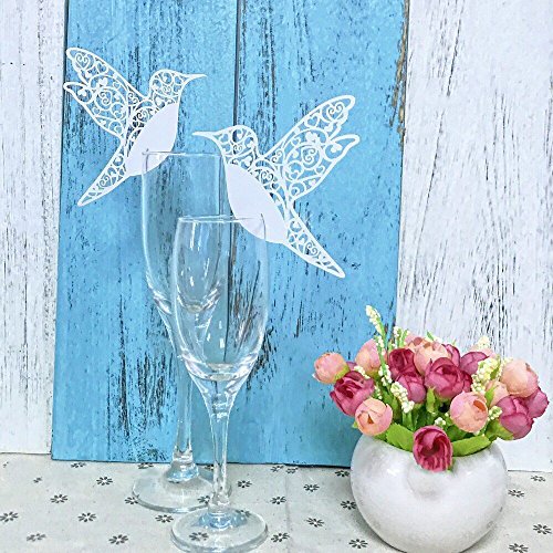  (White Bird On Wineglass) - JZK 50 X Pearly White Place Holder Table Name Card Cards For Wedding Baby Shower Holy Communion Birthday Party (White Bird On Wineglass)