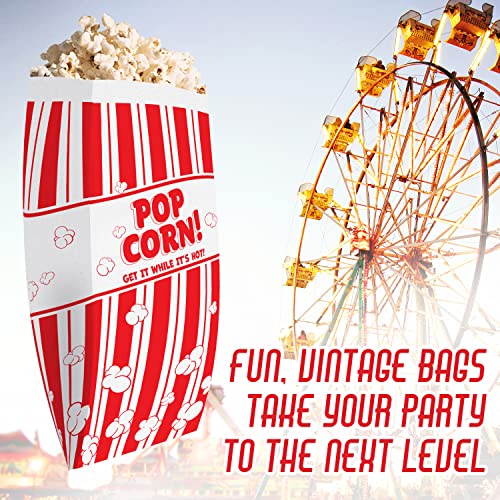  Retro, Grease Resistant Popcorn Bags 50 Pack. Single Serving 1oz Paper Sleeves In Nostalgic Red / White Design Movie Theme Party And Old Fashioned Carnivals & Fundraisers Old School Supplies